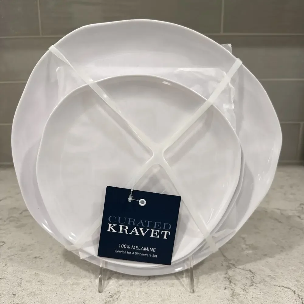 Set of 8 WHITE (4) 11” Dinner + (4) 8” Salad Plates Melamine NEW CURATED KRAVET